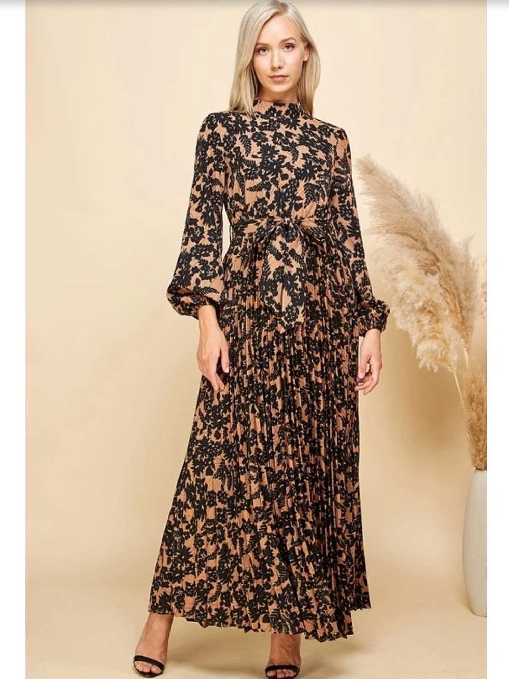 ambition Tan and Black Floral High-Neck Pleated Maxi Dress